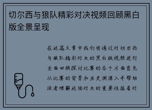 切尔西与狼队精彩对决视频回顾黑白版全景呈现