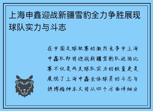 上海申鑫迎战新疆雪豹全力争胜展现球队实力与斗志