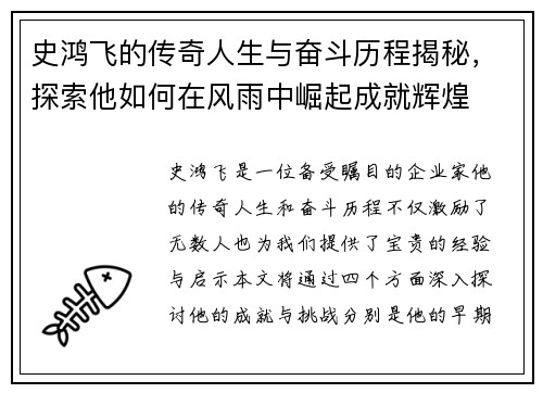 史鸿飞的传奇人生与奋斗历程揭秘，探索他如何在风雨中崛起成就辉煌