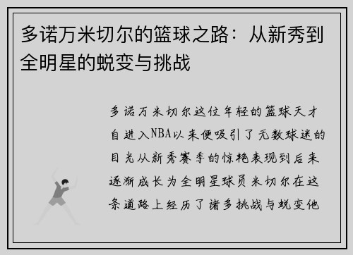 多诺万米切尔的篮球之路：从新秀到全明星的蜕变与挑战