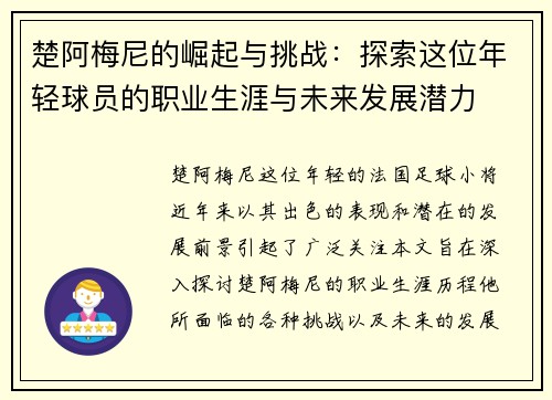 楚阿梅尼的崛起与挑战：探索这位年轻球员的职业生涯与未来发展潜力