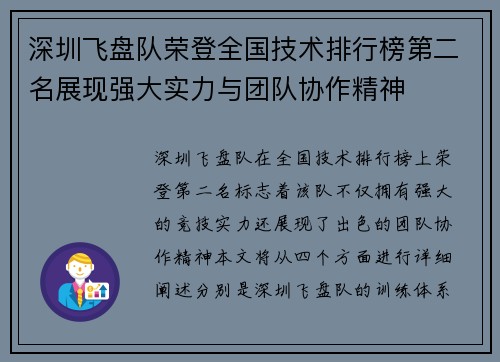 深圳飞盘队荣登全国技术排行榜第二名展现强大实力与团队协作精神