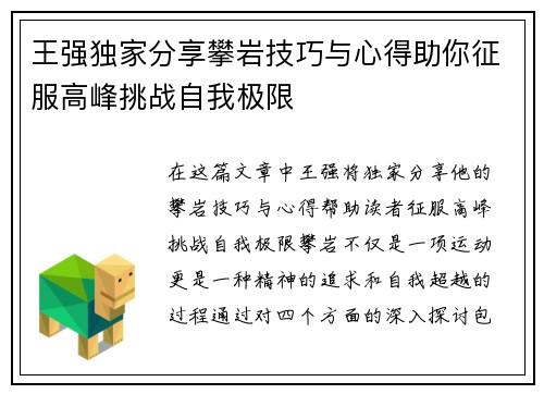 王强独家分享攀岩技巧与心得助你征服高峰挑战自我极限
