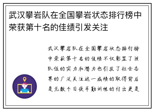 武汉攀岩队在全国攀岩状态排行榜中荣获第十名的佳绩引发关注