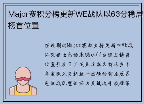 Major赛积分榜更新WE战队以63分稳居榜首位置