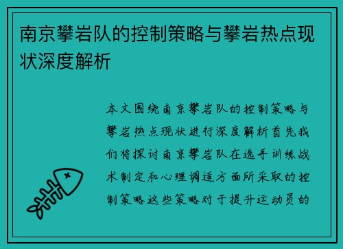 南京攀岩队的控制策略与攀岩热点现状深度解析
