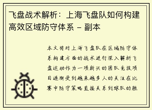 飞盘战术解析：上海飞盘队如何构建高效区域防守体系 - 副本