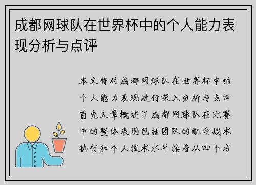 成都网球队在世界杯中的个人能力表现分析与点评